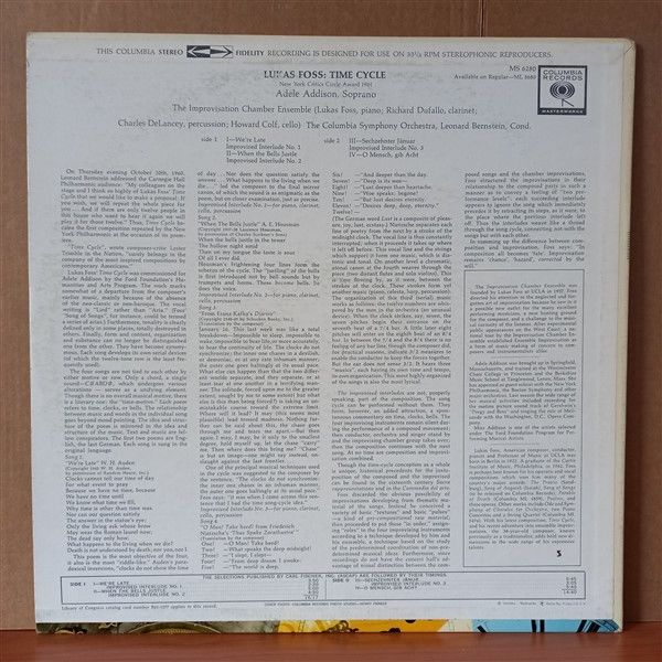 LUKAS FOSS, ADELE ADDISON, LEONARD BERNSTEIN – TIME CYCLE - LP 2.EL PLAK