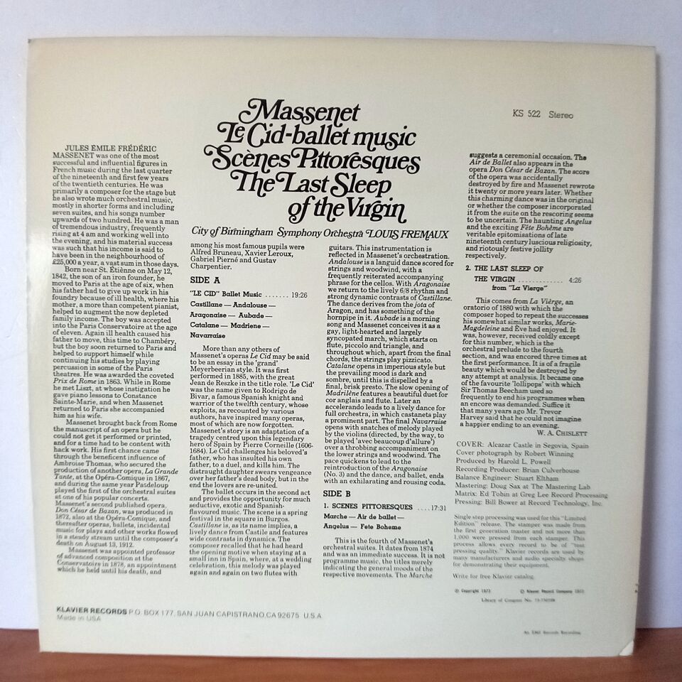 MASSENET: LE CID - BALLET MUSIC / SCENES PITTORESQUES / THE LAST SLEEP OF THE VIRGIN / CITY OF BIRMINGHAM SYMPHONY ORCHESTRA, LOUIS FREMAUX (1973) - LP 2.EL PLAK