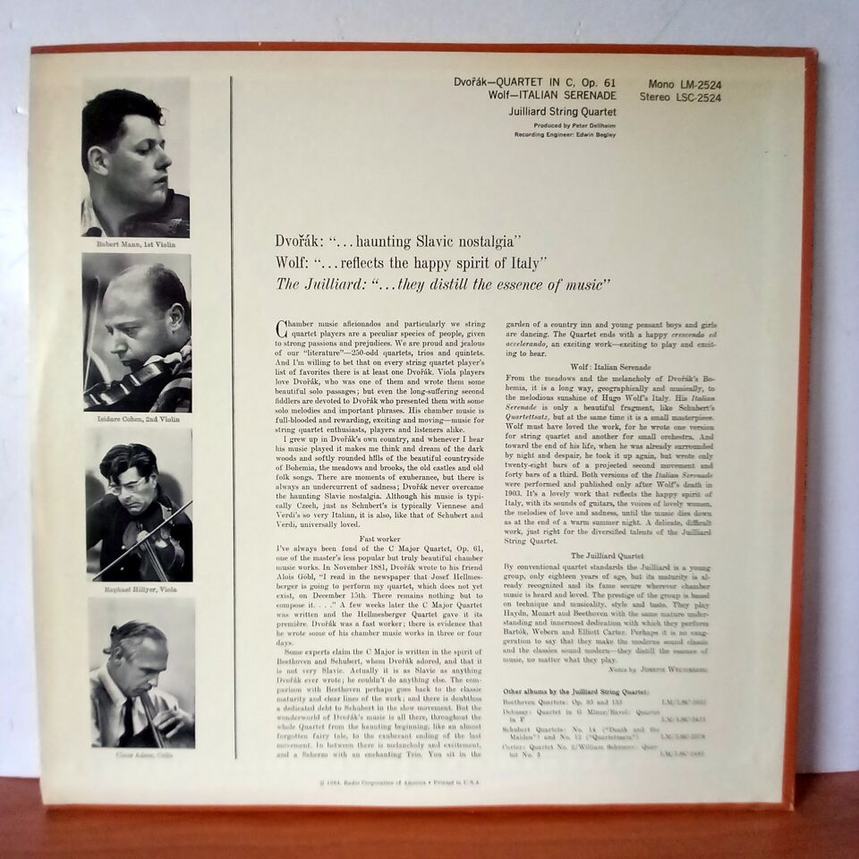 DVORAK: QUARTET, OPUS 61 / WOLF: ITALIAN SERENADE / JUILLIARD STRING QUARTET (1964) - LP 2.EL PLAK