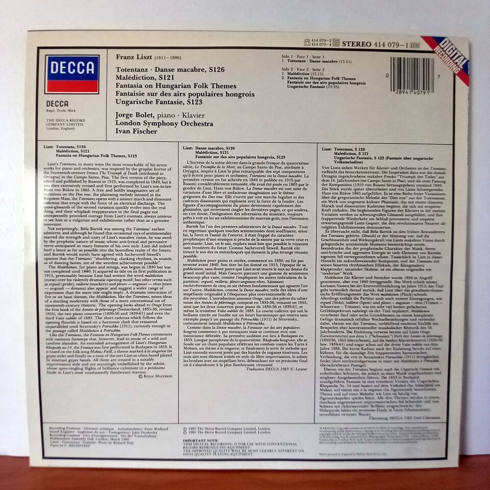 LISZT / JORGE BOLET, LONDON SYMPHONY ORCHESTRA, IVAN FISCHER – TOTENTANZ. MALEDICTION. FANTASIA ON HUNGARIAN FOLK THEMES (1985) - LP 2.EL PLAK