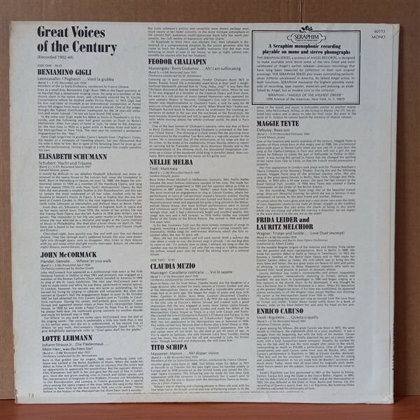 GREAT VOICES OF THE CENTURY / BENIAMINO GIGLI, ELISABETH SCHUMANN, JOHN MCCORMACK, LOTTE LEHMANN, FEODOR CHALIAPIN, NELLIE MELBA - LP 2.EL PLAK