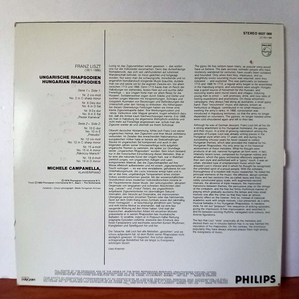 LISZT:  7 UNGARISCHE RHAPSODIEN / HUNGARIAN RHAPSODIES / MICHELE CAMPANELLA (1980) - LP 2.EL PLAK