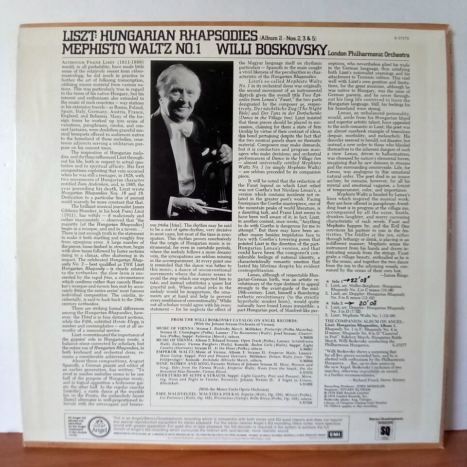 LISZT:  HUNGARIAN RHAPSODIES (ALBUM 2-NOS. 2, 3 & 5) / MEPHISTO WALTZ NO. 1 / WILLI BOSKOVSKY, LONDON PHILHARMONIC ORCHESTRA (1978) - LP 2.EL PLAK