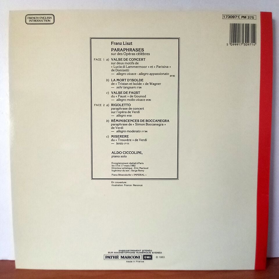 FRANZ LISZT / PARAPHRASES - SUR DES OPERAS CELEBRES / ALDO CICCOLINI (1983) - LP 2.EL PLAK