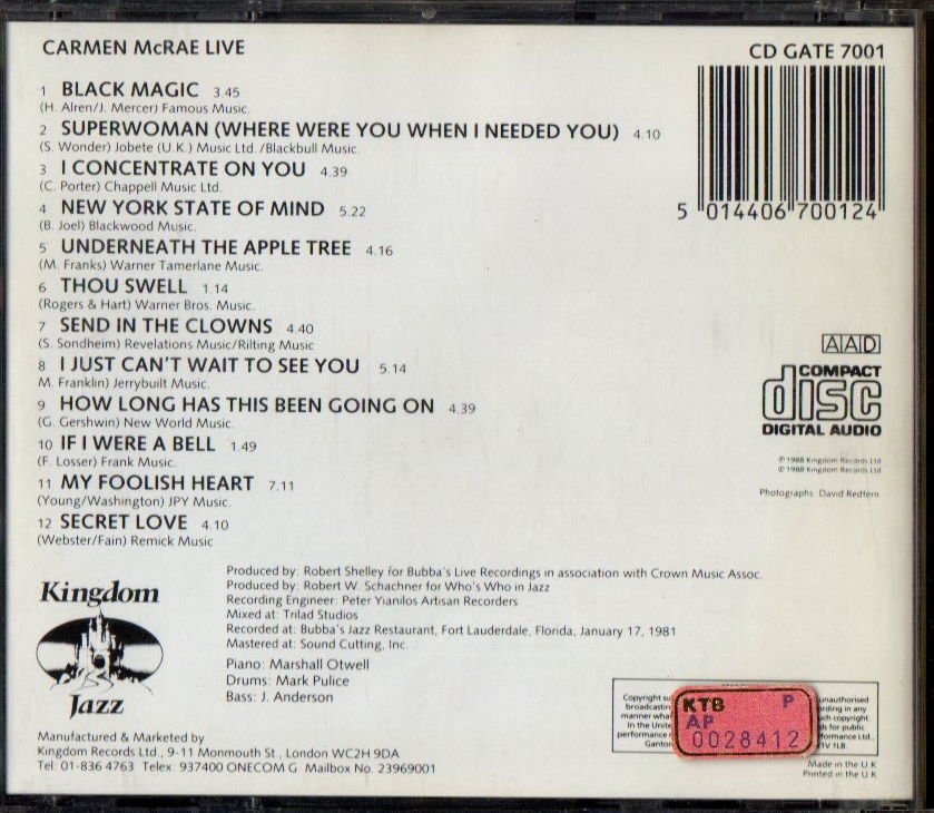 CARMEN MCRAE - LIVE (1988) - CD VOCAL JAZZ 2.EL