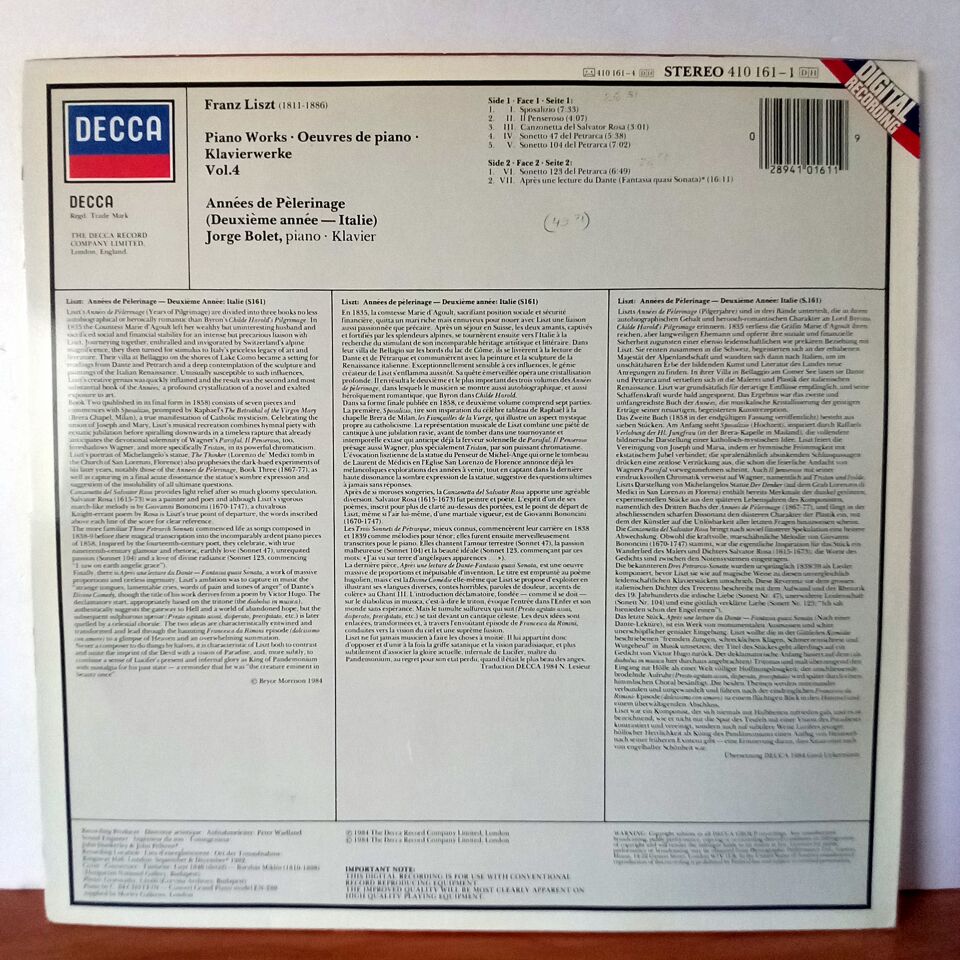 LISZT: ANNEES DE PELERINAGE ~ ITALIE / JORGE BOLET (1984) - LP 2.EL PLAK