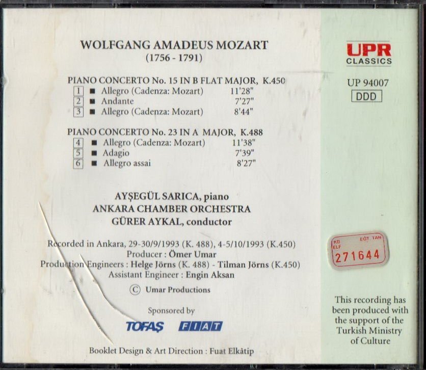 MOZART / AYŞEGÜL SARICA / GÜRER AYKAL - PIANO CONCERTO NO 15 & NO 23 (1993) - CD UPR CLASSICS 2.EL