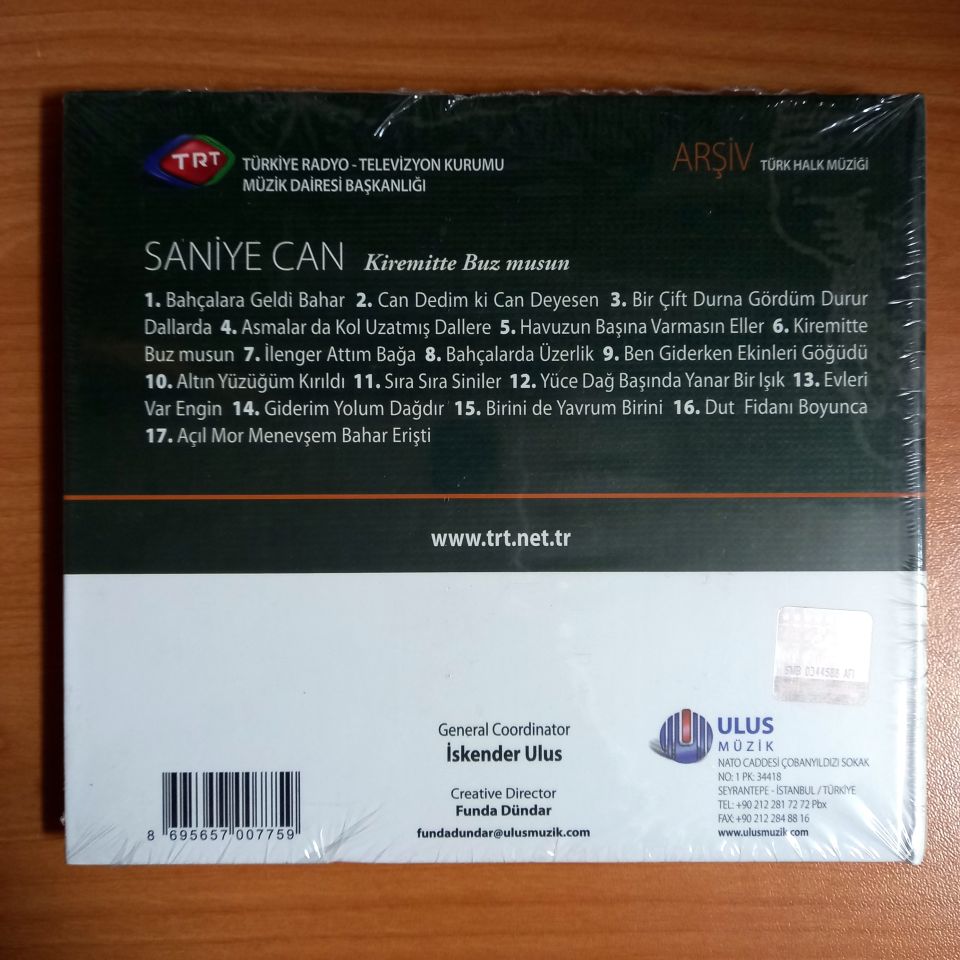 SANİYE CAN - KİREMİTTE BUZ MUSUN / TÜRK HALK MÜZİĞİ / TRT ARŞİV SERİSİ 189 - CD SIFIR