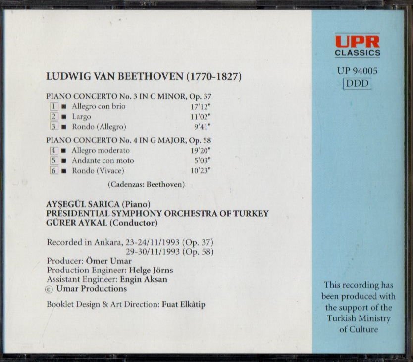 BEETHOVEN / AYŞEGÜL SARICA / GÜRER AYKAL - PIANO CONCERTO NO 3 & NO 4 (1994) - CD UPR CLASSICS 2.EL