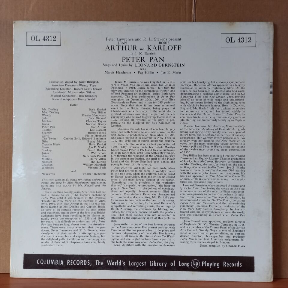PETER PAN / J. M. BARRIE - LEONARD BERNSTEIN, JEAN ARTHUR, BORIS KARLOFF & ORIGINAL BROADWAY CAST, MIRIAM WOLFE (1950) - LP DÖNEM BASKISI SIFIR PLAK
