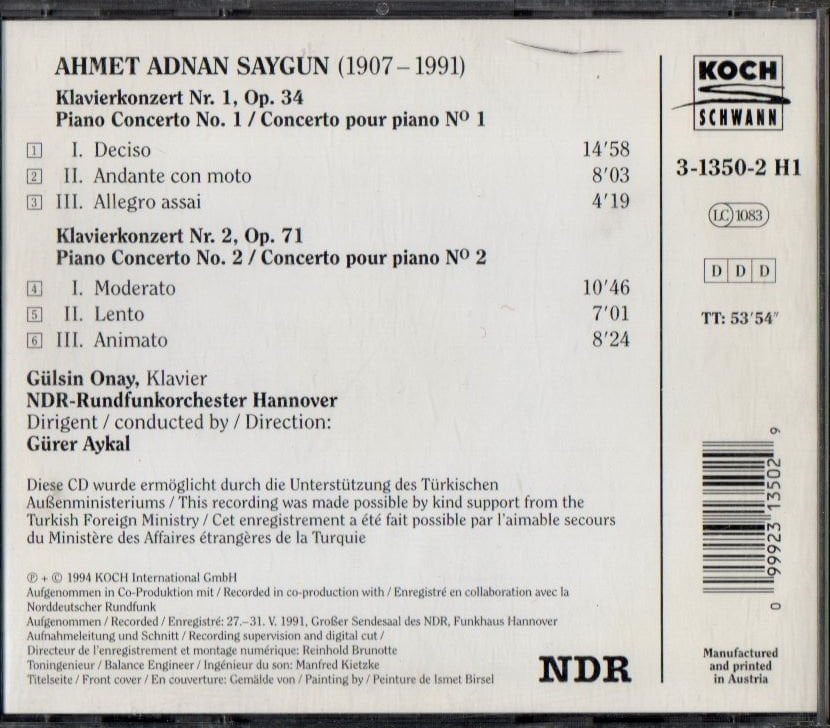 AHMED ADNAN SAYGUN / GÜLSİN ONAY / GÜRER AYKAL - PIANO CONCERTOS NO 1 & NO 2 (1994) - CD 2.EL