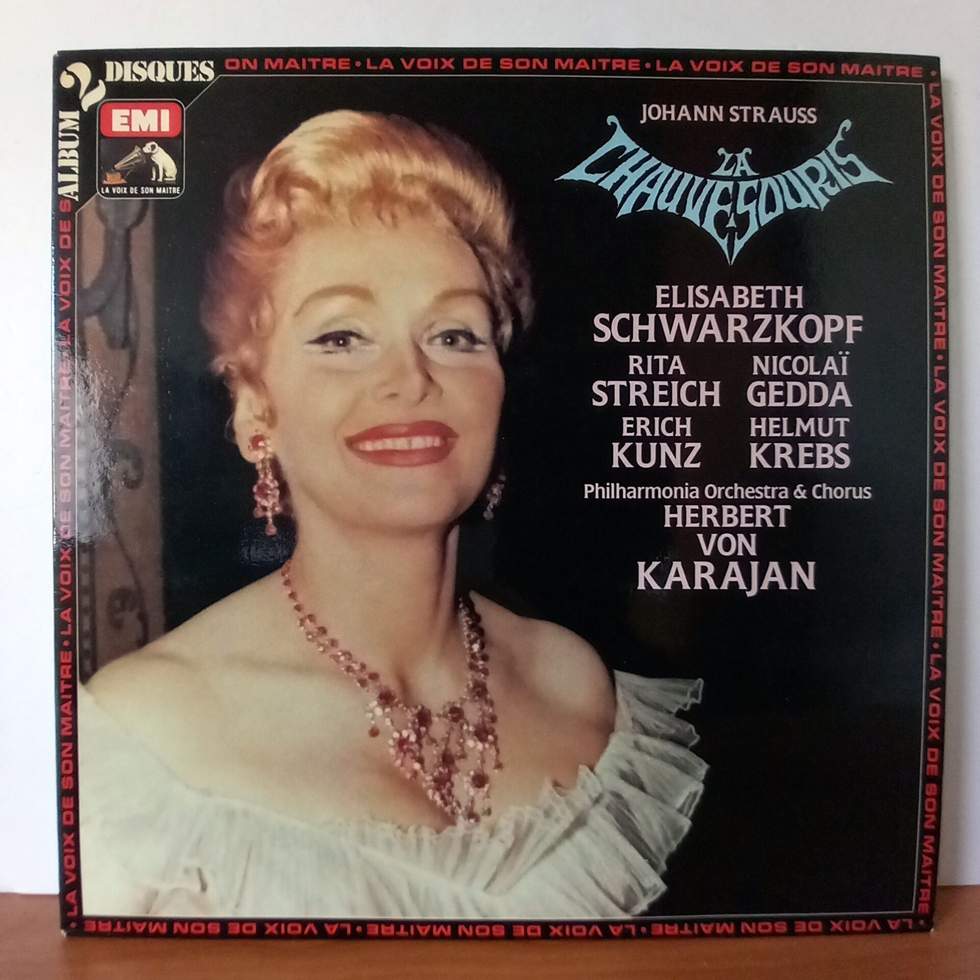 JOHANN STRAUSS: LA CHAUVE-SOURIS / ELISABETH SCHWARZKOPF, RITA STREICH, NICOLAI GEDDA, ERICH KUNZ, HELMUT KREBS, PHILHARMONIA ORCHESTRA & CHORUS, HERBERT VON KARAJAN (1955) - 2LP 2.EL PLAK
