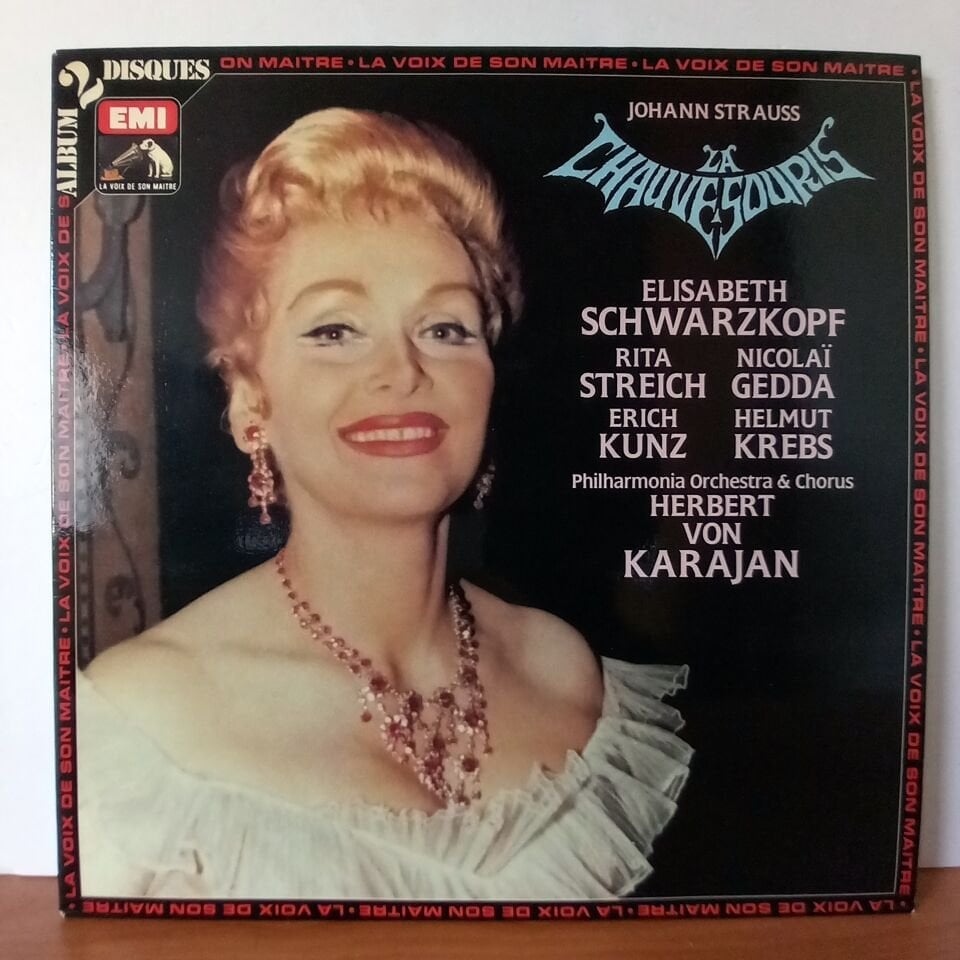 JOHANN STRAUSS: LA CHAUVE-SOURIS / ELISABETH SCHWARZKOPF, RITA STREICH, NICOLAI GEDDA, ERICH KUNZ, HELMUT KREBS, PHILHARMONIA ORCHESTRA & CHORUS, HERBERT VON KARAJAN (1955) - 2LP 2.EL PLAK