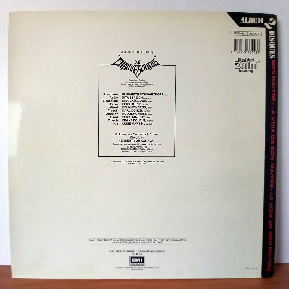 JOHANN STRAUSS: LA CHAUVE-SOURIS / ELISABETH SCHWARZKOPF, RITA STREICH, NICOLAI GEDDA, ERICH KUNZ, HELMUT KREBS, PHILHARMONIA ORCHESTRA & CHORUS, HERBERT VON KARAJAN (1955) - 2LP 2.EL PLAK