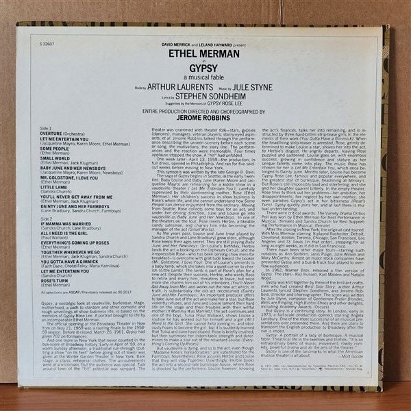 GYPSY - A MUSICAL FABLE / DAVID MERRICK, LELAND HAYWARD, ETHEL MERMAN (1973) - LP 2.EL PLAK