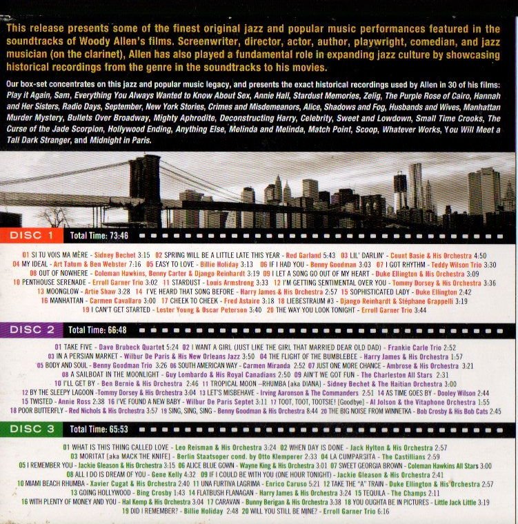 MUSIC FROM THE FILMS OF WOODY ALLEN - VARIOUS ARTISTS SIDNEY BECHET DJANGO REINHARDT DUKE ELLINGTON BENNY GOODMAN etc (2013) - 3CD COMPILATION DIGIPACK 2.EL