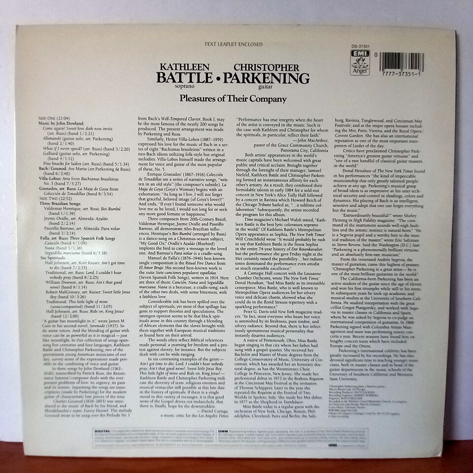 KATHLEEN BATTLE / CHRISTOPHER PARKENING – PLEASURES OF THEIR COMPANY (1986) - LP 2.EL PLAK