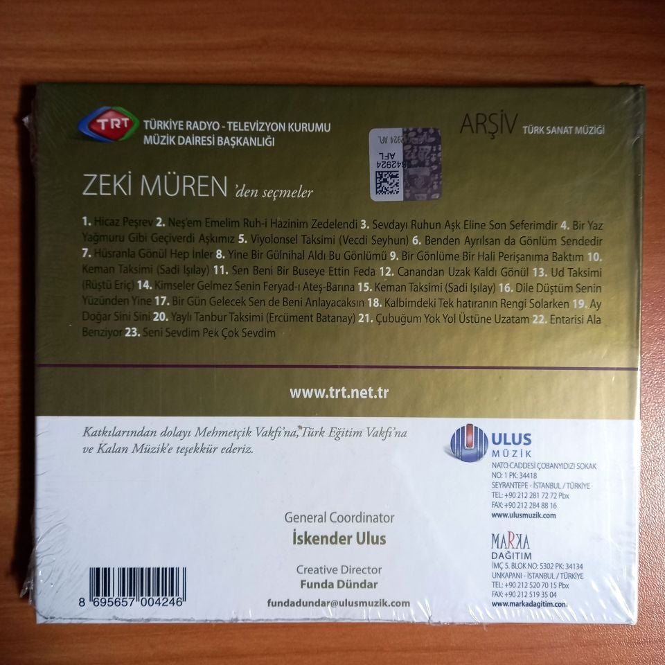 ZEKİ MÜREN'DEN SEÇMELER / TÜRK SANAT MÜZİĞİ /TRT ARŞİV SERİSİ 1 - CD SIFIR
