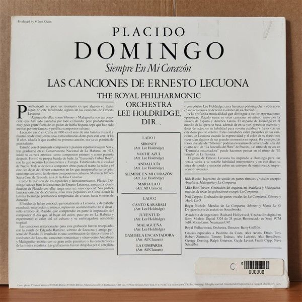 PLACIDO DOMINGO – SIEMPRE EN MI CORAZON / THE SONGS OF ERNESTO LECUONA (1984) - LP 2.EL PLAK