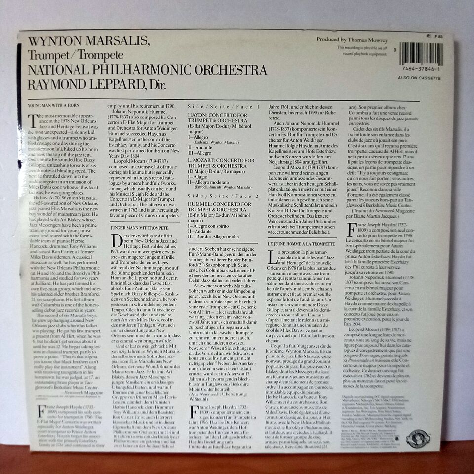 WYNTON MARSALIS, HAYDN / HUMMEL / L. MOZART, RAYMOND LEPPARD, NATIONAL PHILHARMONIC ORCHESTRA – TRUMPET CONCERTOS (1983) - LP 2.EL PLAK