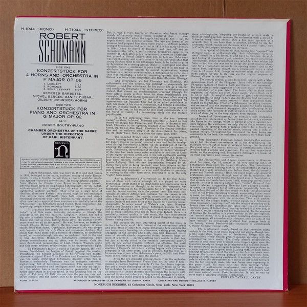 ROBERT SCHUMANN - CHAMBER ORCHESTRA OF THE SARRE UNDER THE DIRECTION OF KARL RISTENPART – KONZERTSTÜCK FOR 4 HORNS AND ORCHESTRA IN F MAJOR OP. 86 / KONZERSTÜCK FOR PIANO AND ORCHESTRA IN G MAJOR OP. 92 - LP 2.EL PLAK