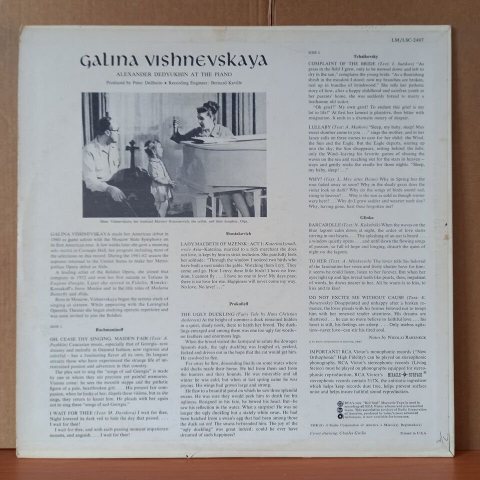 GALINA VISHNEVSKAYA / RACHMANINOFF, SHOSTAKOVICH, PROKOFIEFF, TCHAIKOVSKY, GLINKA (1961) - LP 2.EL PLAK