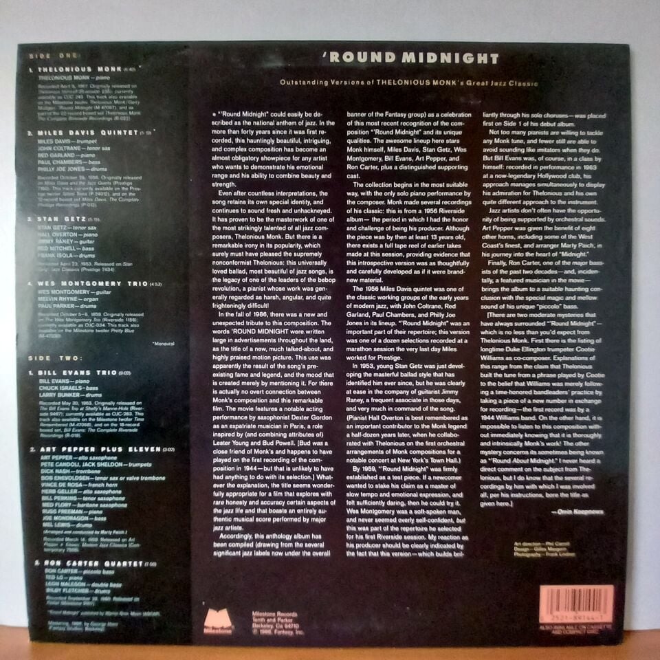 VARIOUS – 'ROUND MIDNIGHT / MILES DAVIS, STAN GETZ, BILL EVANS, RON CARTER (1986) - LP 2.EL PLAK