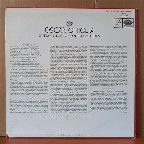 OSCAR GHIGLIA – GUITAR MUSIC OF FOUR CENTURIES / BACH J.S., WEISS, FRESCOBALDI, DOWLAND, FALLA, PONCE, VILLA-LOBOS - LP 2.EL PLAK