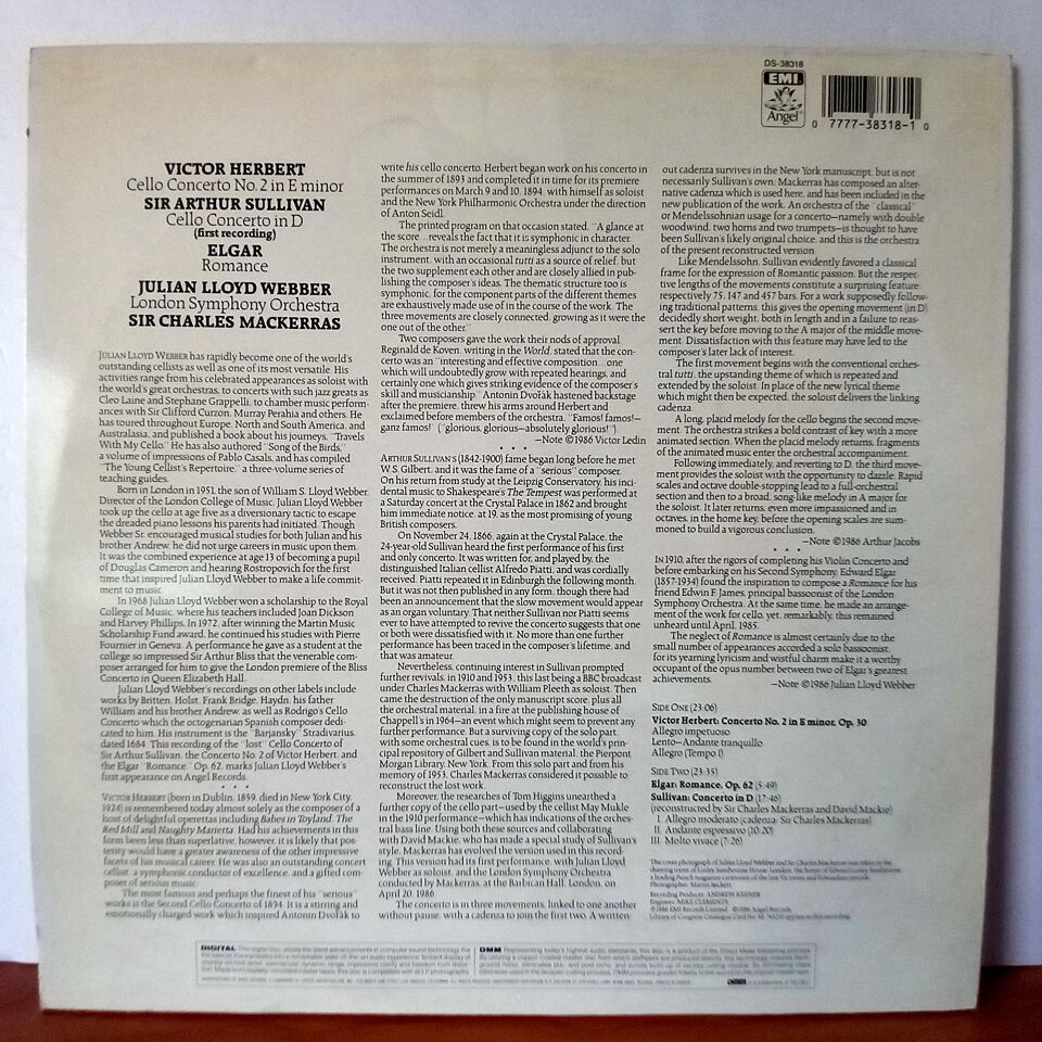 SIR ARTHUR SULLIVAN: CELLO CONCERTO IN D / VICTOR HERBERT: CELLO CONCERTO NO. 2 / ELGAR: ROMANCE / JULIAN LLOYD WEBBER, LONDON SYMPHONY ORCHESTRA, SIR CHARLES MACKERRAS (1986) - LP 2.EL PLAK
