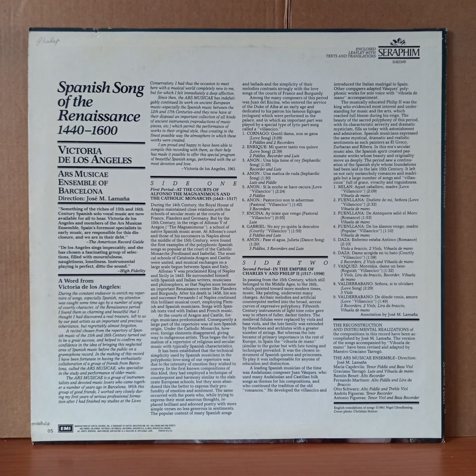 SPANISH SONG OF THE RENAISSANCE / VICTORIA DE LOS ANGELES, ARS MUSICAE DE BARCELONA (1961) - LP 2.EL PLAK