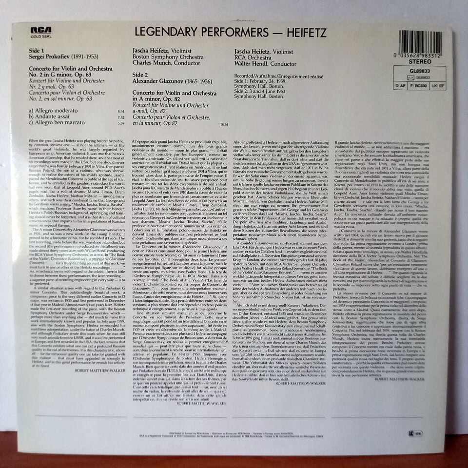 HEIFETZ / PROKOFIEV: VIOLIN CONCERTO NO. 2 / GLAZUNOV: VIOLIN CONCERTO (1986) - LP 2.EL PLAK