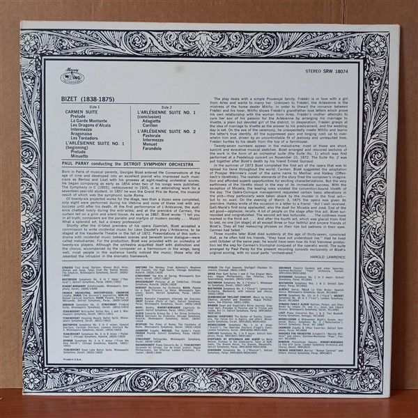 BIZET, PARAY, DETROIT SYMPHONY ORCHESTRA – BIZET CARMEN SUITE: L'ARLESIENNE SUITES 1 & 2 - LP 2.EL PLAK