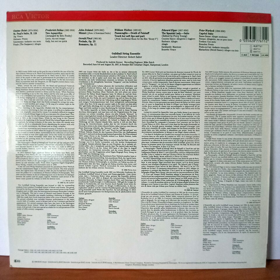 GUILDHALL STRING ENSEMBLE / ENGLISH MUSIC FOR STRINGS / HOLST, DELIUS, IRELAND, FINZI, WALTON, ELGAR, WARLOCK (1988) - LP 2.EL PLAK