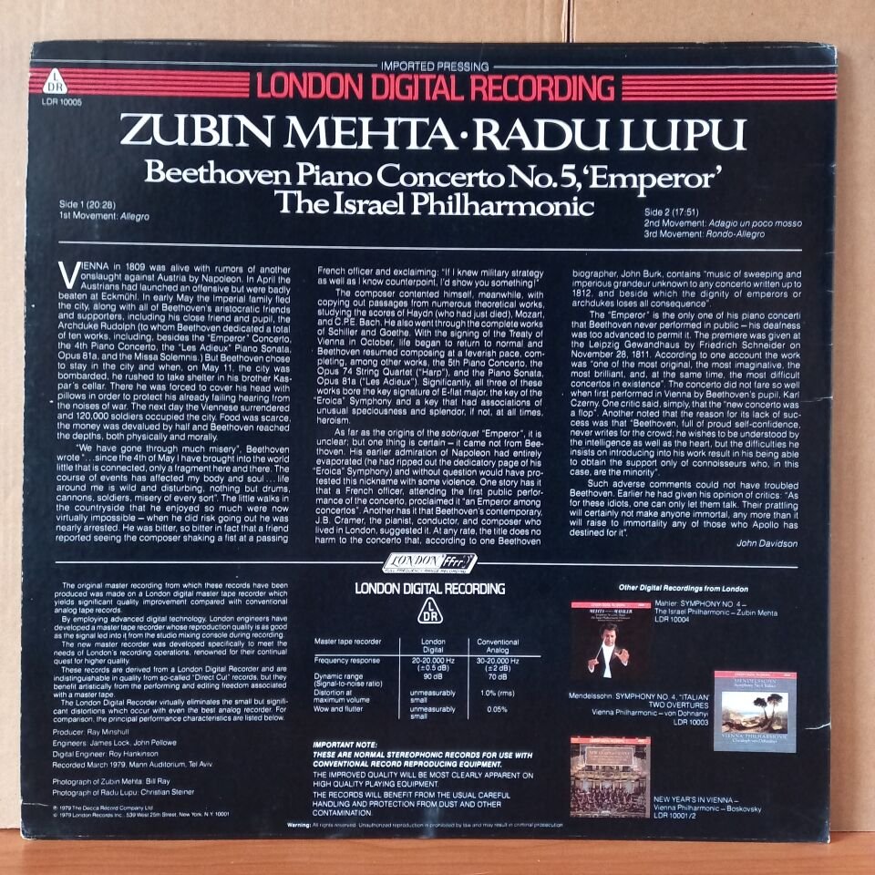 ZUBIN MEHTA / RADU LUPU / BEETHOVEN: PIANO CONCERTO NO. 5 'EMPEROR' / ISRAEL PHILHARMONIC ORCHESTRA (1979) - LP 2.EL PLAK