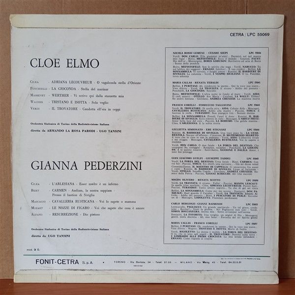 GIANNA PEDERZINI, CLOE ELMO – I GRANDI INTERPRETI: ELMO / PEDERZINI (1967) - LP 2.EL PLAK