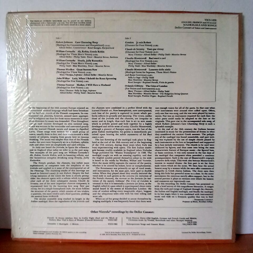 DELLER CONSORT – ENGLISH, FRENCH AND ITALIAN MADRIGALS AND SONGS (1969) - LP DÖNEM BASKI SIFIR PLAK