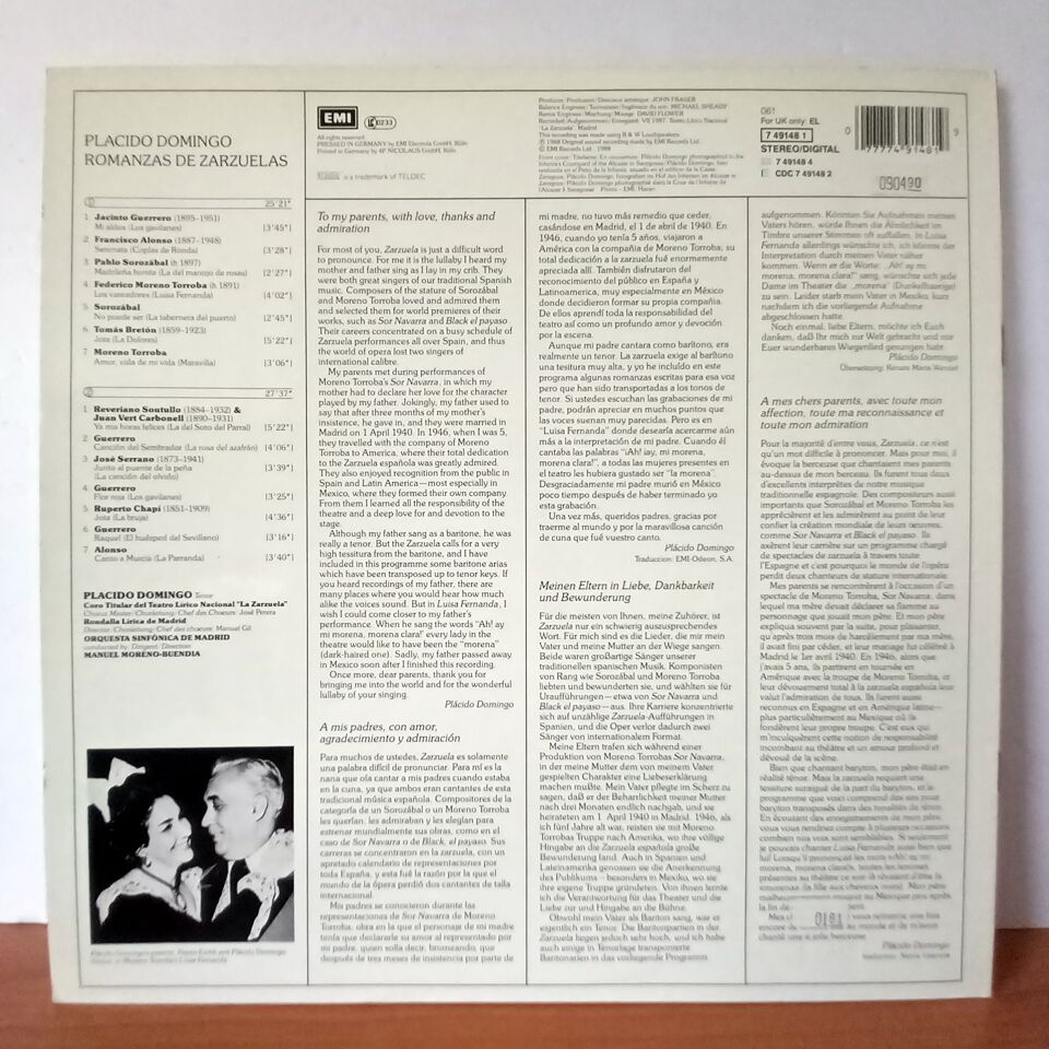 PLACIDO DOMINGO: ROMANZAS DE ZARZUELAS / CORO TITULAR DEL TEATRO LIRICO NACIONAL, ORQUESTA SINFONICA DE MADRID, MANUEL MORENO-BUENDIA (1988) - LP 2.EL PLAK