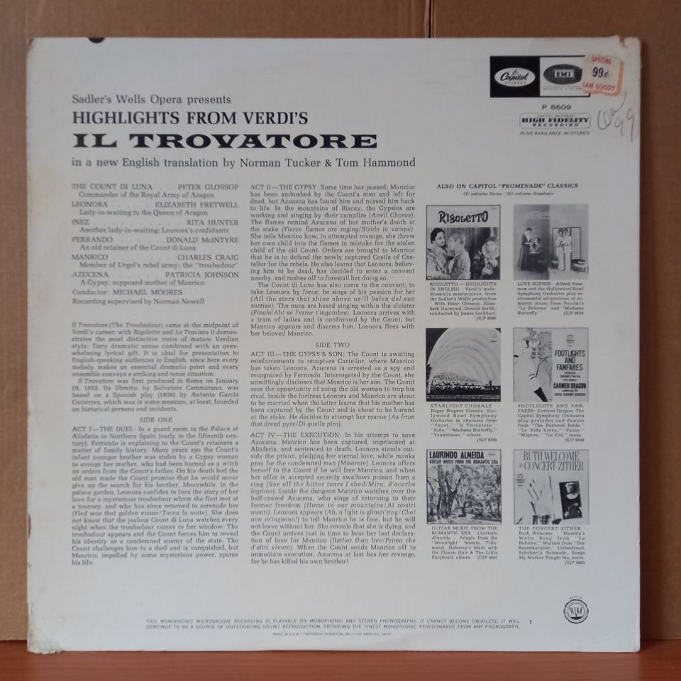SADLER'S WELLS OPERA COMPANY PRESENTS HIGHLIGHTS FROM VERDI'S IL TROVATORE (1962) - LP 2.EL PLAK