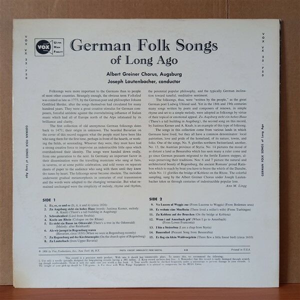 GERMAN FOLK SONGS OF LONG AGO (1958) - LP 2.EL PLAK