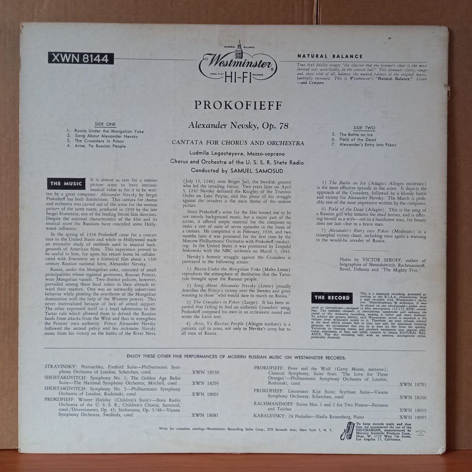 PROKOFIEFF: ALEXANDER NEVSKY / LUDMILA LEGOSTAYEVA, CHORUS AND ORCHESTRA OF THE U.S.S.R. STATE RADIO, SAMUEL SAMOSUD (1955) - LP 2.EL PLAK