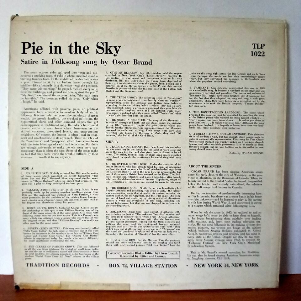 OSCAR BRAND – PIE IN THE SKY (1957) - LP 2.EL PLAK