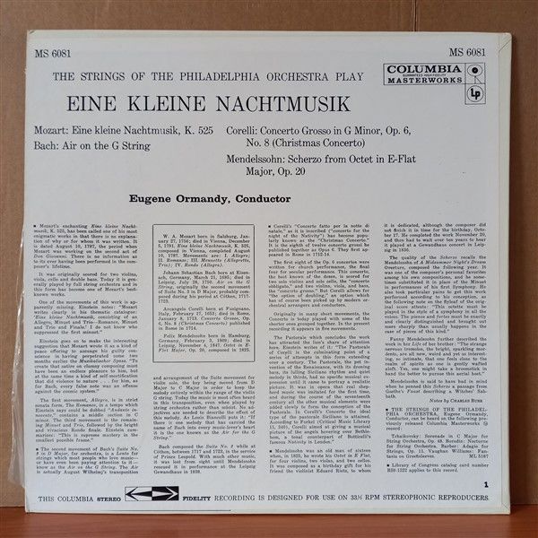 EUGENE ORMANDY CONDUCTS STRINGS OF THE PHILADELPHIA ORCHESTERA / MOZART, BACH, CORELLI, MENDELSSOHN – EINE KLEINE NACHTMUSIK (1959) - LP 2.EL PLAK