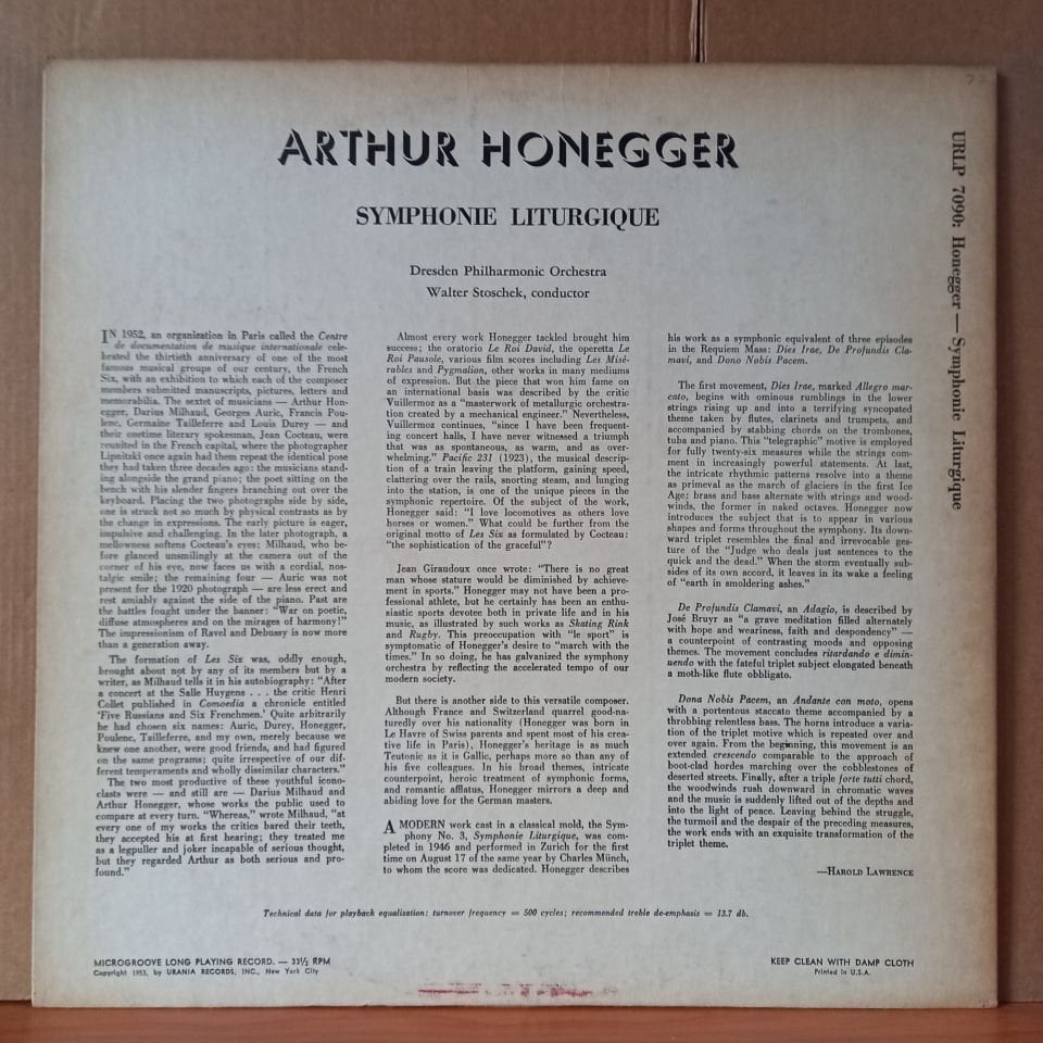 HONEGGER: SYMPHONIE LITURGIQUE / WALTER STOSCHEK, DRESDEN PHILHARMONIC ORCHESTRA (1953) - LP 2.EL PLAK