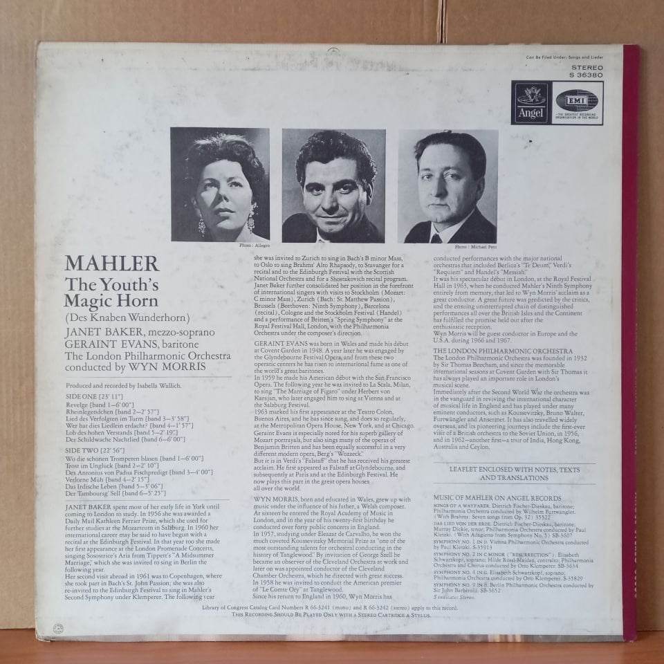 MAHLER: THE YOUTH'S MAGIC HORN (DES KNABEN WUNDERHORN) / JANET BAKER, GERAINT EVANS, THE LONDON PHILHARMONIC ORCHESTRA CONDUCTED BY WYN MORRIS (1966) - LP 2.EL PLAK