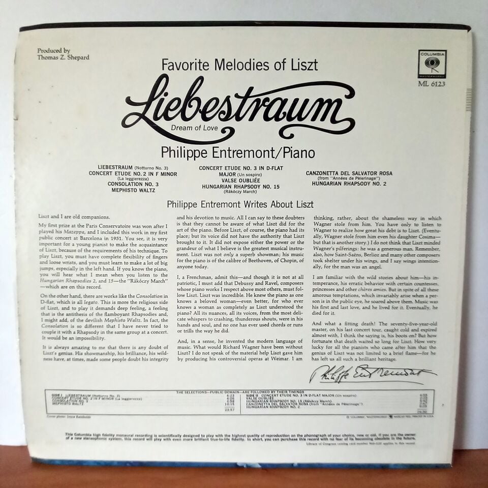 FAVORITE MELODIES OF LISZT: LIEBESTRAUM / PHILIPPE ENTREMONT (1965) - LP 2.EL PLAK