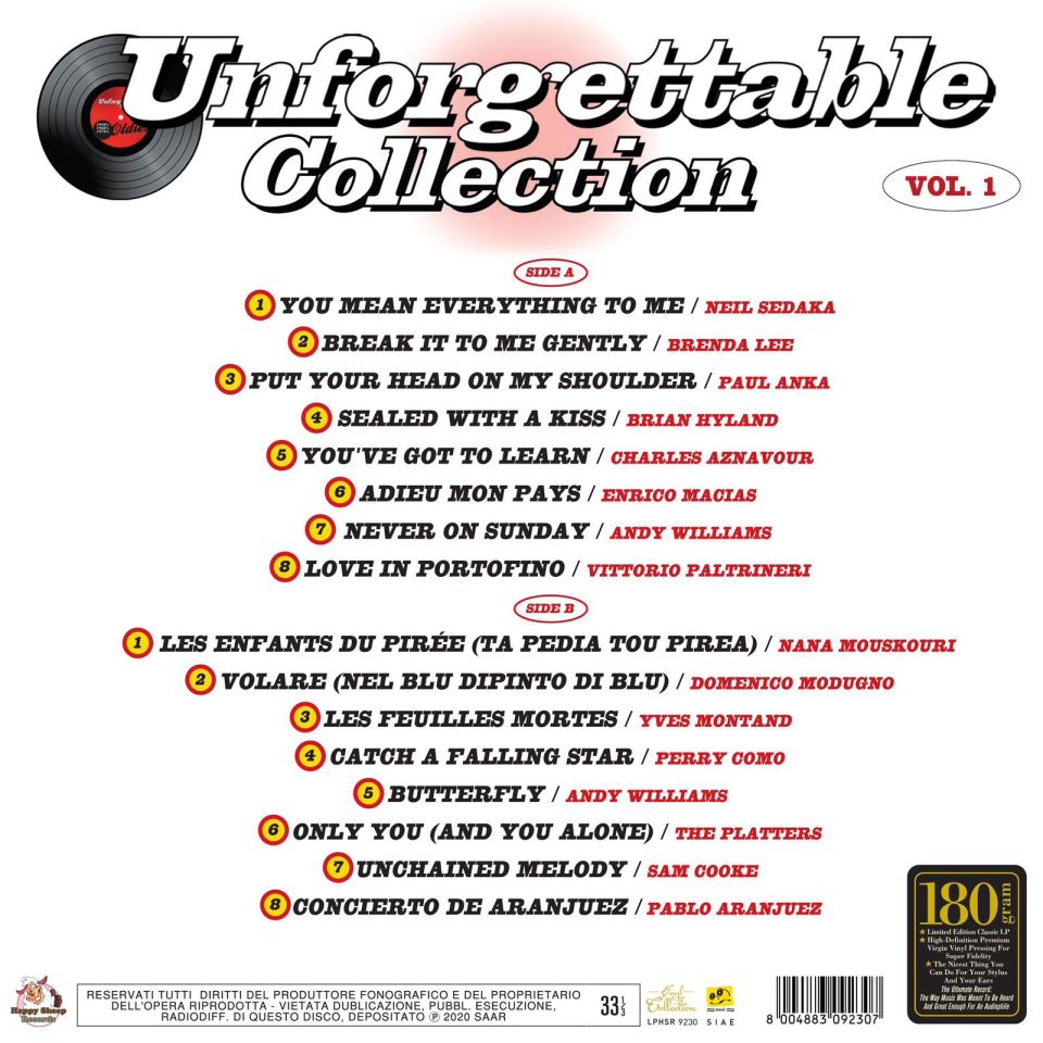 UNFORGETTABLE COLLECTION VOL.1 (NEIL SEDAKA, BRENDA LEE, PAUL ANKA, ANDY WILLIAMS, ENRICO MACIAS) - SIFIR PLAK