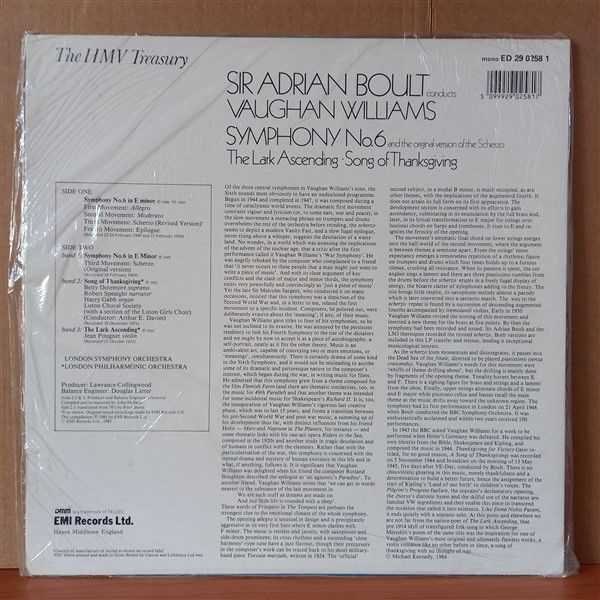 SIR ADRIAN BOULT CONDUCTS VAUGHAN WILLIAMS – SYMPHONY NO. 6, THE LARK ASCENDING (1985) - LP DÖNEM BASKISI SIFIR PLAK