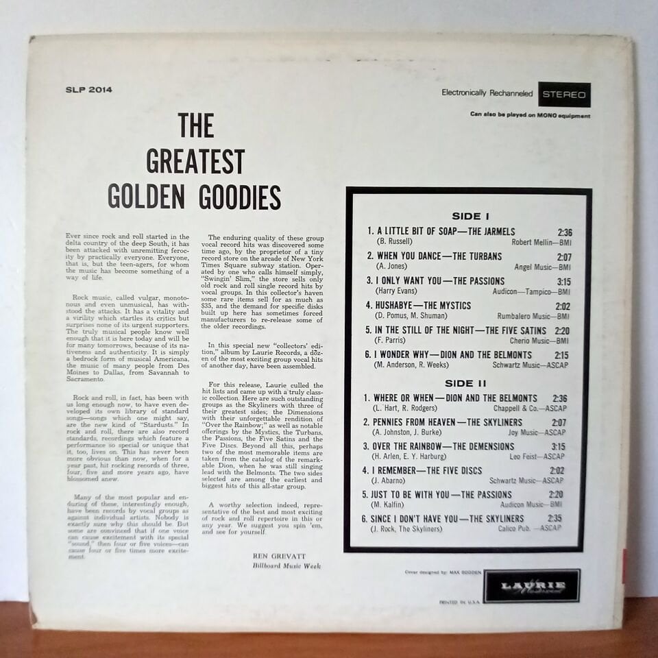 VARIOUS – THE GREATEST GOLDEN GOODIES / THE TURBANS, THE PASSIONS, DION AND THE BELMONTS, THE MYSTICS, THE FIVE SATINS, THE SKYLINERS - LP 2.EL PLAK
