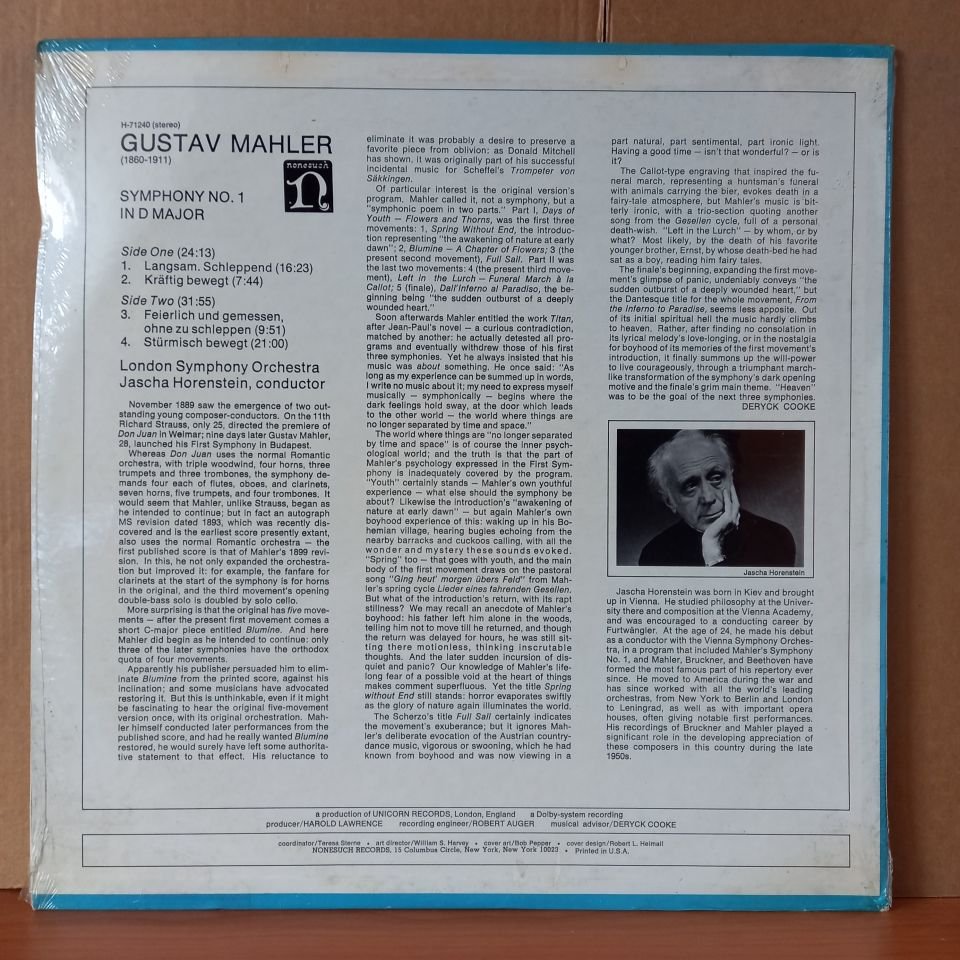MAHLER: SYMPHONY NO. 1 IN D MAJOR / THE LONDON SYMPHONY ORCHESTRA, JASCHA HORENSTEIN (1972) - LP DÖNEM BASKISI SIFIR PLAK
