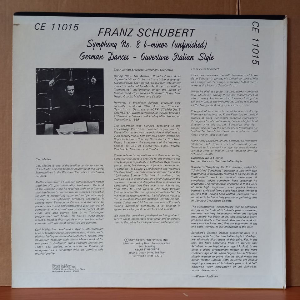 FRANZ SCHUBERT: SYMPHONY NO. 8 B-MINOR [UNFINISHED], GERMAN DANCES, OVERTURE ITALIAN STYLE / DAS ÖSTERREICHISCHE RUNDFUNK SYMPHONIE ORCHESTER, AUSTRIAN BROADCAST SYMPHONY ORCHESTRA CONDUCTED BY CARL MELLES (1977) - LP 2.EL PLAK